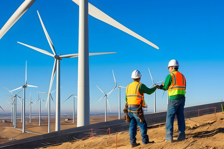 Renewable Energy Revolution - A power plant or wind farm with workers installing new equipment to generate renewable energy sources for the futureの素材