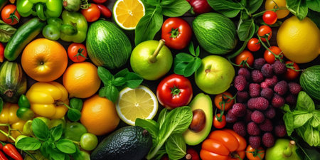 Get ready for a flavor explosion with this vibrant image of colorful fruits and veggies. Generative ai.の素材