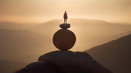 Balancing Act: A whimsical image featuring a person balancing on top of an object, embodying balance, stability, and focus in life. Generative aiの素材