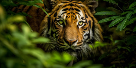 A majestic Bengal Tiger emerges from the lush green foliage of an ancient rainforest, its striking orange fur contrasting against the vibrant shades of the surrounding leavesの素材