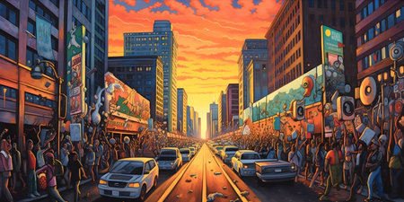 A protest march for climate change awareness, with vibrant signs and banners, amidst a bustling cityscape at sunset, invoking a sense of urgency and determinationの素材