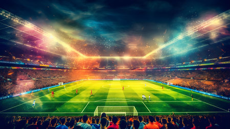 A soccer match played under the bright stadium lights, with players dribbling the ball skillfully, amidst a roaring crowdの素材