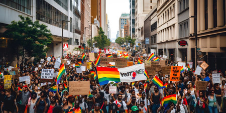 A protest march for social justice, filled with diverse individuals holding signs and banners, advocating for equality and change. The atmosphere is charged with passion and determinationの素材