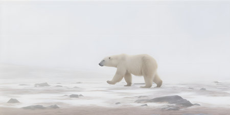 In the vast expanse of the Arctic tundra, a solitary Polar Bear traverses the icy terrain, its pure white fur blending seamlessly with the snow-covered landscape.の素材