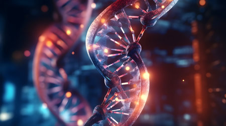 DNA Science, Illuminated double helix strands intertwining with glowing nucleotidesの素材