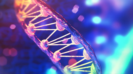 DNA Science, Illuminated double helix strands intertwining with glowing nucleotidesの素材