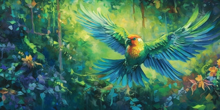 High up in the ancient rainforest canopy, a vibrant kaleidoscope of endangered tropical birds takes flight, their colorful feathers shimmering under the dappled sunlight.の素材
