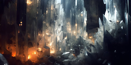 Crystal Growth, Intricate crystals forming on a metallic surface, A dimly lit cavern, Mystical and mysterious ambianceの素材