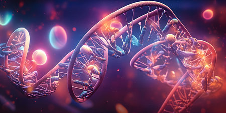 DNA Science, Illuminated double helix strands intertwining with glowing nucleotidesの素材