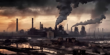 Environmental pollution, A factory emitting dark smoke into the sky, A polluted cityscape with smog and haze, An oppressive and gloomy atmosphereの素材