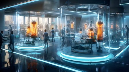 Futuristic nanotechnology laboratory, where scientists manipulate atoms to create complex structures, with holographic interfacesの素材