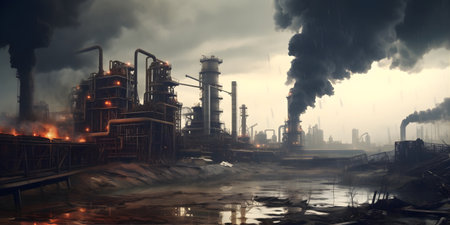 Environmental pollution, A factory emitting dark smoke into the sky, A polluted cityscape with smog and haze, An oppressive and gloomy atmosphereの素材