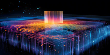 Quantum entanglement experiment, A scientist in a high-tech laboratory observes entangled particles generating intricate patterns of lightの素材