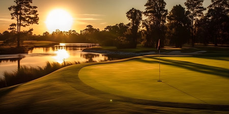 A serene golf course surrounded by lush greenery and tall trees. The fairways are meticulously maintained, with neatly trimmed grass.の素材