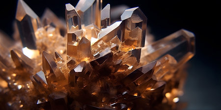 Crystal Growth, Intricate crystals forming on a metallic surface, A dimly lit cavern, Mystical and mysterious ambianceの素材