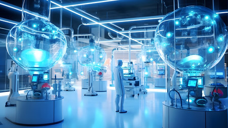 Futuristic nanotechnology laboratory, where scientists manipulate atoms to create complex structures, with holographic interfacesの素材