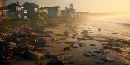 A coastal town enveloped in thick smog, with oil spills polluting the ocean and litter scattered across the beachの素材