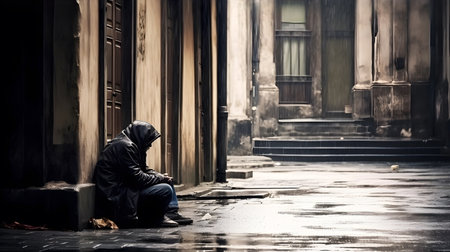 A homeless person sitting alone on a cold, desolate street, surrounded by shadows and discarded objects.の素材
