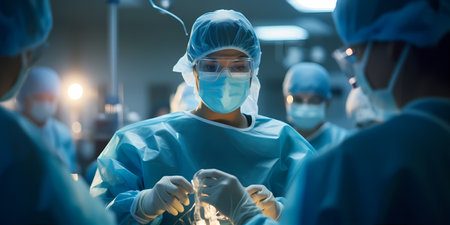 Healthcare worker in a surgical gown, surrounded by medical equipment and holding a medical tool, while a compassionate nurse in scrubs assists themの素材