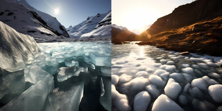 A massive glacier standing tall, its icy surface glistening under the sunlight, slowly melting away as rivers of water flow down its crevicesの素材