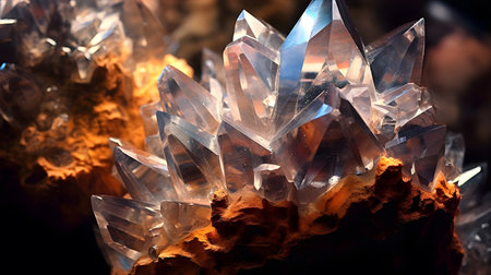Crystal Growth, Intricate crystals forming on a metallic surface, A dimly lit cavern, Mystical and mysterious ambianceの素材
