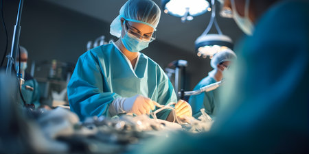 Healthcare worker in a surgical gown, surrounded by medical equipment and holding a medical tool, while a compassionate nurse in scrubs assists themの素材