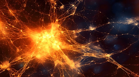 Network of glowing neurons, like a cosmic constellation within the neural interface, illuminating the darkness of the mindの素材