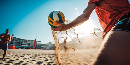 A zoomed-in shot of a beach volleyball match, where the ball is caught mid-air, frozen in timeの素材