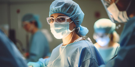 A healthcare professional in surgical attire, encircled by medical gear and clutching a medical instrument, with a caring nurse in scrubs aiding them.の素材