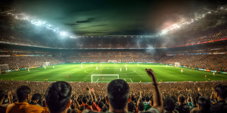 A soccer match played under the bright stadium lights, with players dribbling the ball skillfully, amidst a roaring crowdの素材