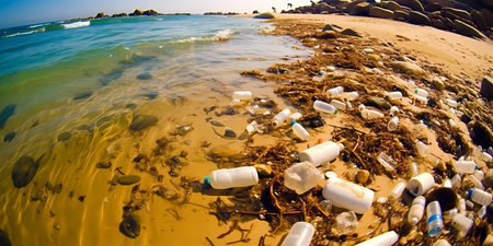 A polluted coastline with trash strewn across the sand and plastic bottles floating in the polluted waterの素材