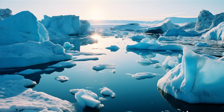 A melting glacier in a remote Arctic region, with massive chunks of ice breaking off into the turquoise sea. The glacier's surface is cracked and crevassedの素材
