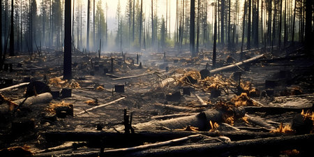 A lush forest devastated by deforestation, with charred tree stumps and smoke rising from the ashesの素材
