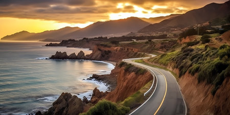 Highway landscape at colorful sunset. Road view on the sea. colorful seascape with beautiful road. highway view on ocean beach. coastal road in europe. Colorful seascape in the Mediterranean.の素材