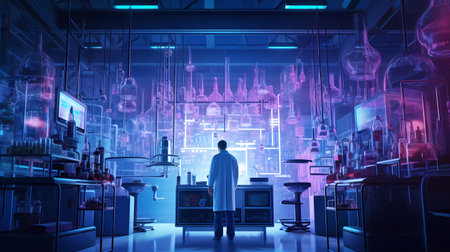 Determined scientist conducting experiments in a futuristic laboratory, surrounded by cutting-edge technology. Generative ai.の素材