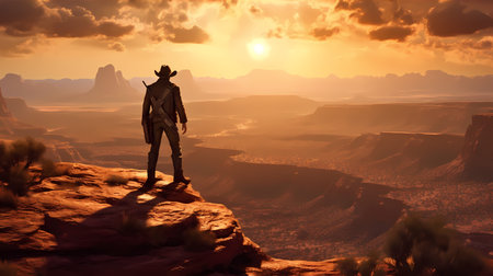 Lone cowboy, standing atop a rocky cliff overlooking a vast, arid desert, the setting sun casting. Wild west. Generative ai.の素材