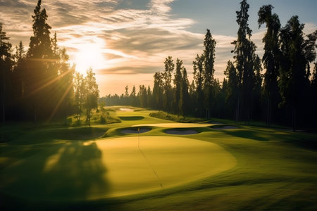 A serene golf course surrounded by lush greenery and tall trees. The fairways are meticulously maintained, with neatly trimmed grass.の素材