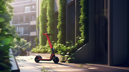 A modern electric scooter zooming along a futuristic city street, surrounded by sleek buildings adorned with vertical gardens.の素材