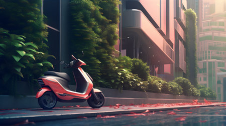 A modern electric scooter zooming along a futuristic city street, surrounded by sleek buildings adorned with vertical gardens.の素材
