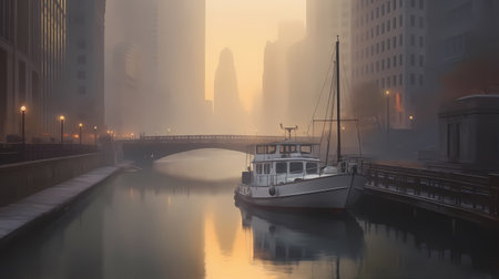 A foggy morning in Chicago, the city skyline partially obscured by mist, the river. Generative ai.の素材