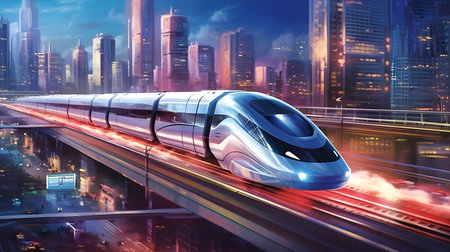 A high-speed bullet train racing through a modern cityscape, surrounded by towering skyscrapersの素材