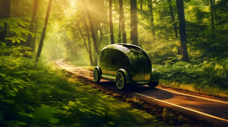 An innovative electric vehicle zooming through a lush, green forest trail, leaving a trail of swirling leaves in its wake.の素材