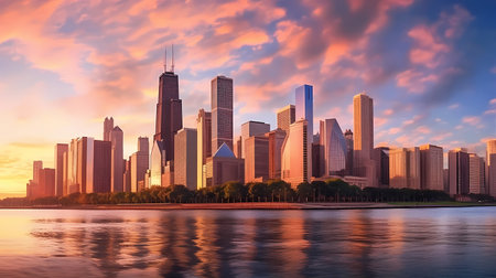 The iconic Chicago skyline at sunset, with towering skyscrapers reflecting the warm hues of the sun. Generative aiの素材