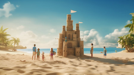 An idyllic beach lifestyle with a family building sandcastles under the warm sun, turquoise waves. Generative ai.の素材