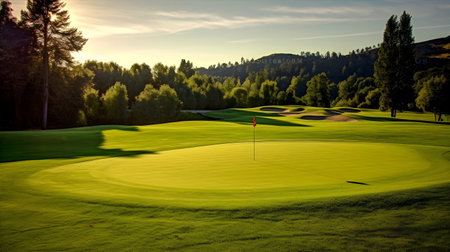 A serene golf course surrounded by lush greenery and tall trees. The fairways are meticulously maintained, with neatly trimmed grass.の素材
