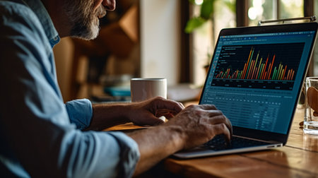 Data analysis to increase sales and revenue. Man sitting with laptop and working with growing graph. Business data analytics concept. Generative ai.の素材