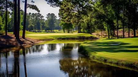 A serene golf course surrounded by lush greenery and tall trees. The fairways are meticulously maintained, with neatly trimmed grass.の素材
