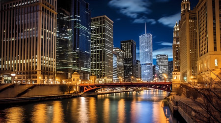 Breathtaking Chicago skyline at night, adorned with shimmering lights, a bustling city full of life. Generative aiの素材