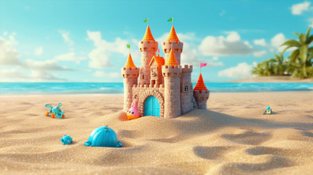 An idyllic beach lifestyle with a family building sandcastles under the warm sun, turquoise waves. Generative ai.の素材