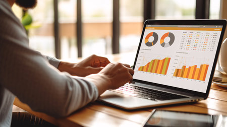 Data analysis to increase sales and revenue. Man sitting with laptop and working with growing graph. Business data analytics concept. Generative ai.の素材